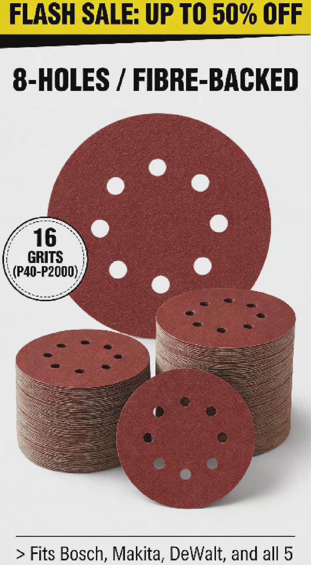 125mm 8 Holes Sanding Discs 100pcs kit for Wood, 10Pcs Each 40 60 80 100 120 180 240 320 400 800 Grits