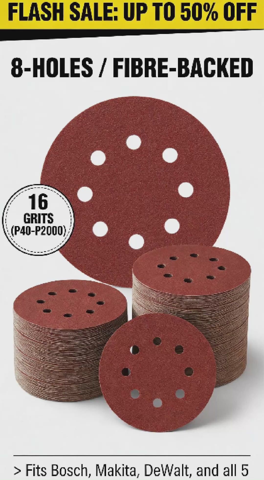 125mm (5") 8-Hole Hook & Loop Sanding Discs for Wood - Full Range of Grits P40 to P2000 - Anti-Clogging, Fibre Backed